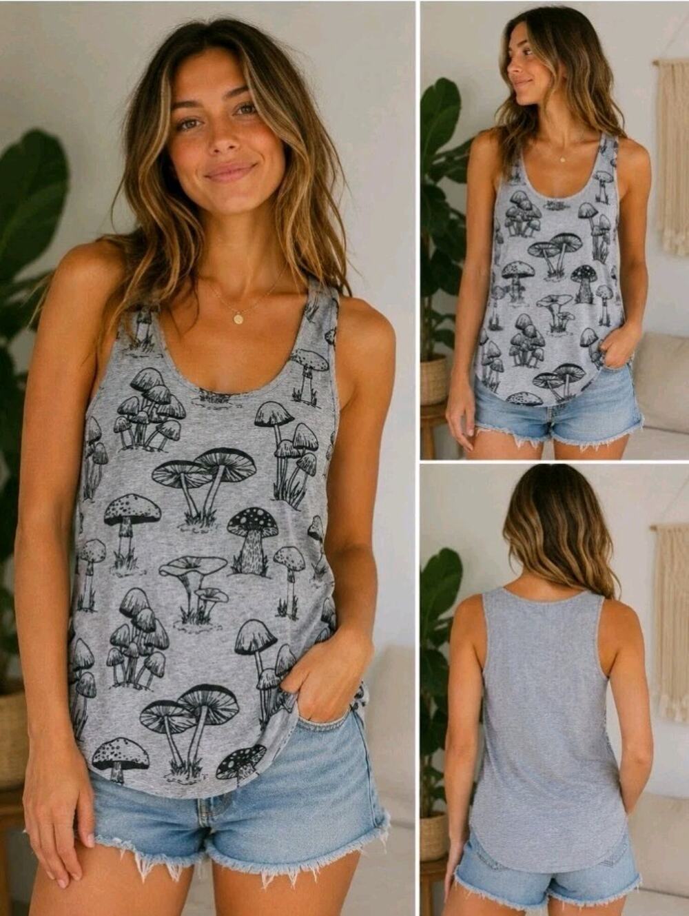 Anthropolgie LA Soul Mushroom Print Gray Tank Top Boho Hippie Psychedelic XL NEW